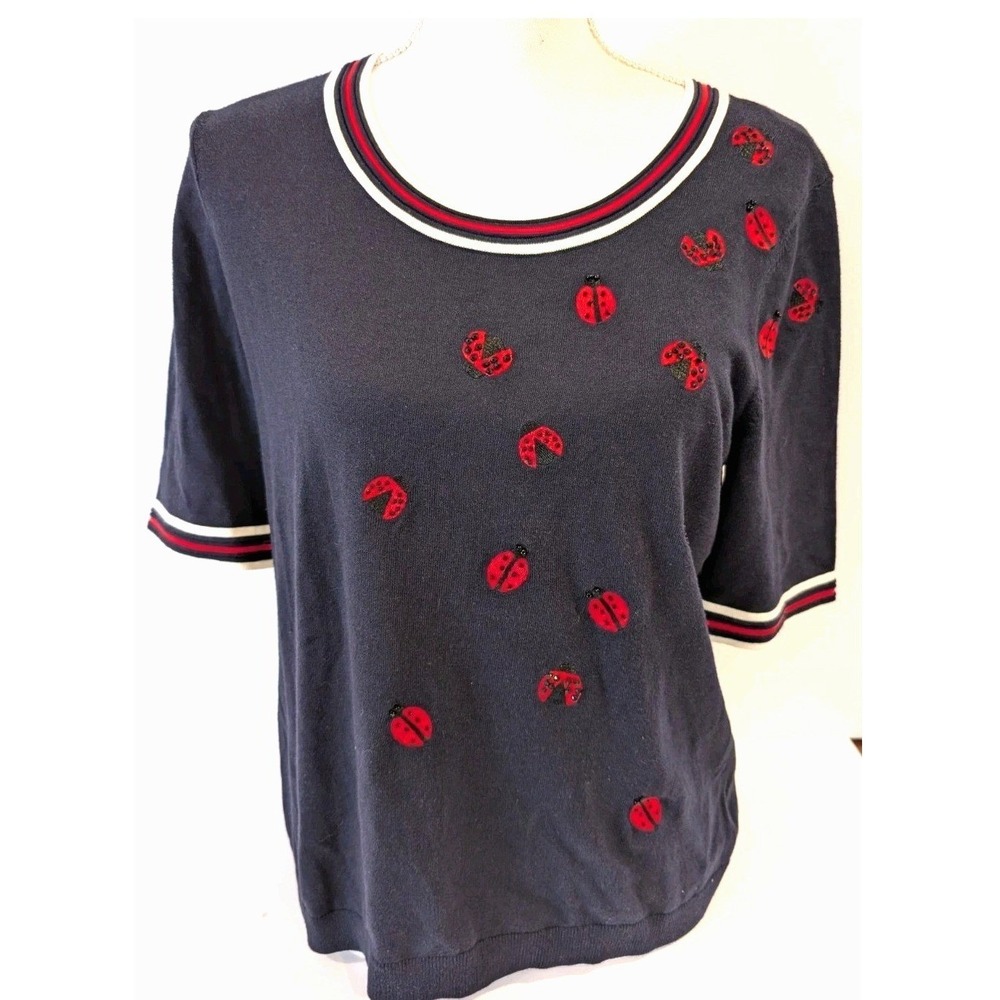 Talbots Sweater Short Sleeve Oprah Magazine Collection Ladybug Navy Size M